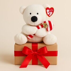 TY Pluffies Christmas Polar Bear Stuffed Animal Candy Cane White Plush Teddy